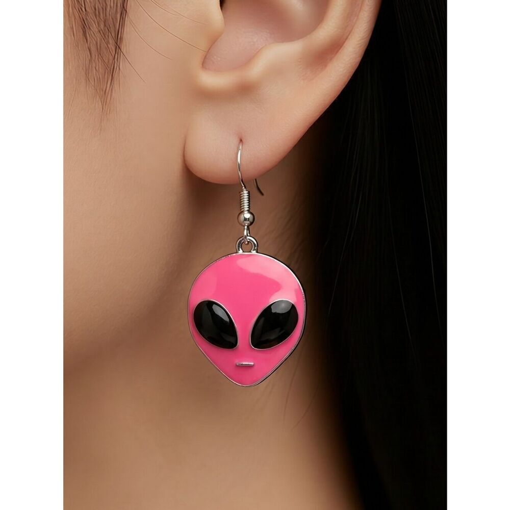 Pink Alien Earrings UFO Spacecore Kawaii Dangle Cosmic Quirky Galaxy Jewelry